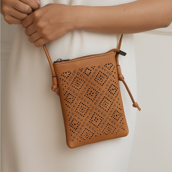 Tan Vegan Leather Studded Crossbody Bag - Picture 1 of 6